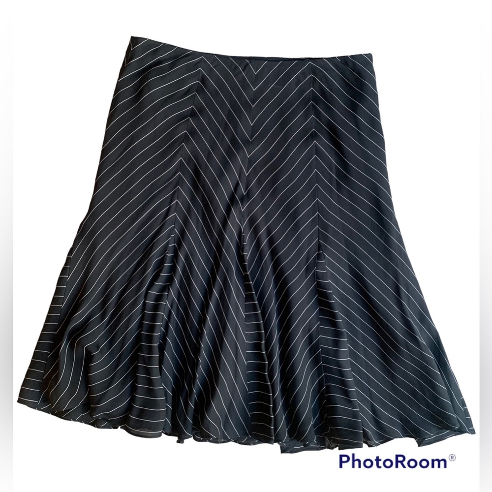 Anne Klein black with white pinstripe silk godet skirt, 10